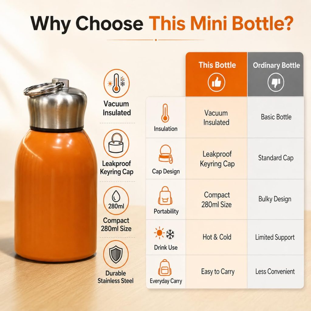 Rashi Collection 300ml Mini Stainless Steel Vacuum Flask | Solid Color Double Wall Insulated Travel Thermos | Leakproof Hot & Cold Water Bottle with Keyring Cap (Random Color)