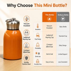 Rashi Collection 300ml Mini Stainless Steel Vacuum Flask | Solid Color Double Wall Insulated Travel Thermos | Leakproof Hot & Cold Water Bottle with Keyring Cap (Random Color)