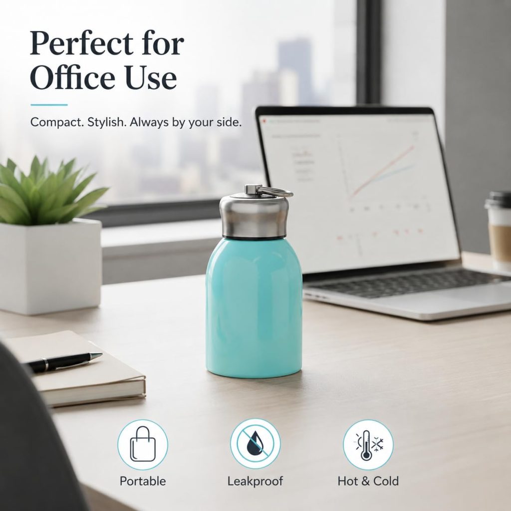 Rashi Collection 300ml Mini Stainless Steel Vacuum Flask | Solid Color Double Wall Insulated Travel Thermos | Leakproof Hot & Cold Water Bottle with Keyring Cap (Random Color)