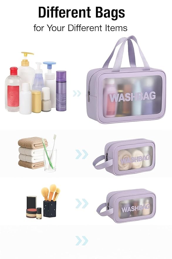 Rashi Collection Set of 3 Waterproof Travel Wash Bags | Translucent PU & PVC Toiletry Organizer Pouch | Multipurpose Cosmetic & Makeup Kit for Men & Women (Random Colors)