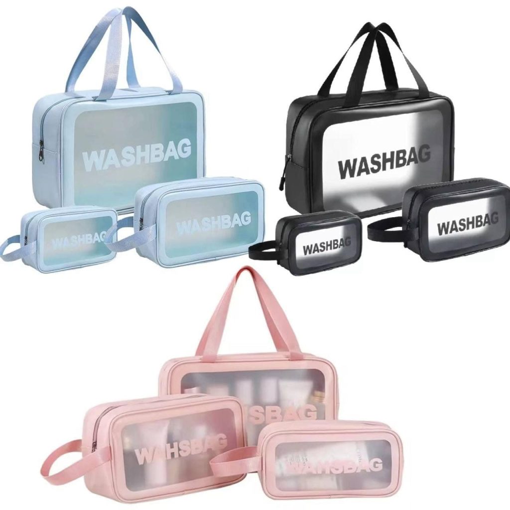 Rashi Collection Set of 3 Waterproof Travel Wash Bags | Translucent PU & PVC Toiletry Organizer Pouch | Multipurpose Cosmetic & Makeup Kit for Men & Women (Random Colors)