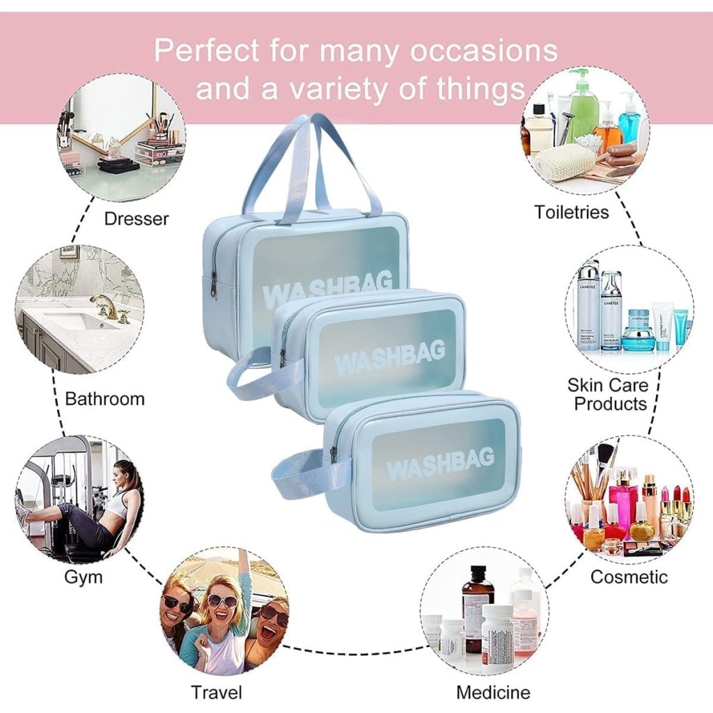 Rashi Collection Set of 3 Waterproof Travel Wash Bags | Translucent PU & PVC Toiletry Organizer Pouch | Multipurpose Cosmetic & Makeup Kit for Men & Women (Random Colors)