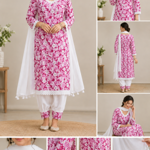 Women’s Pink Khadi Cotton Kurti Pant Set