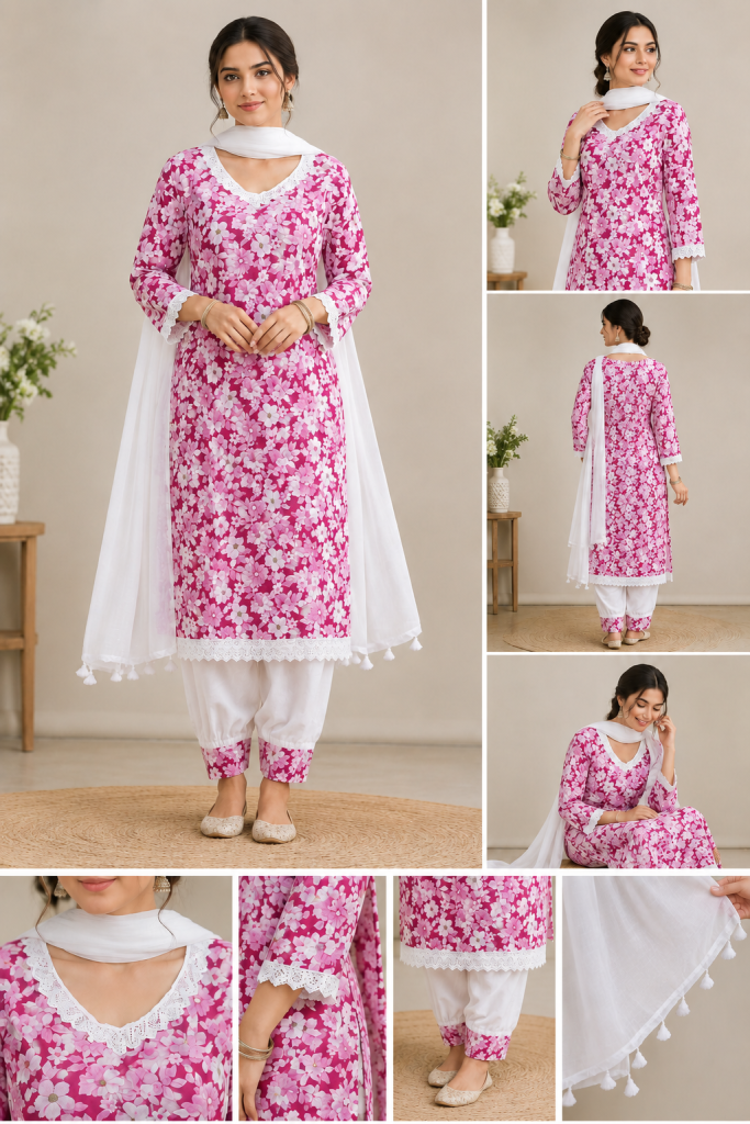 Women’s Pink Khadi Cotton Kurti Pant Set