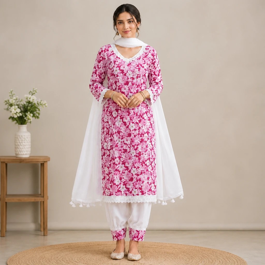 Women’s Pink Khadi Cotton Kurti Pant Set