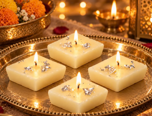 Kajukatri Design Wax Candles with Silver Foil for Diwali Pooja Decor (12Pc Set)