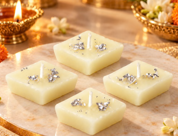 Kajukatri Design Wax Candles with Silver Foil for Diwali Pooja Decor (12Pc Set)
