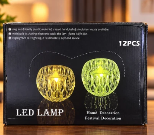 Crystal Look LED Tealight Lamps for Home Decor, Diwali and Parties (12 Pc Set)