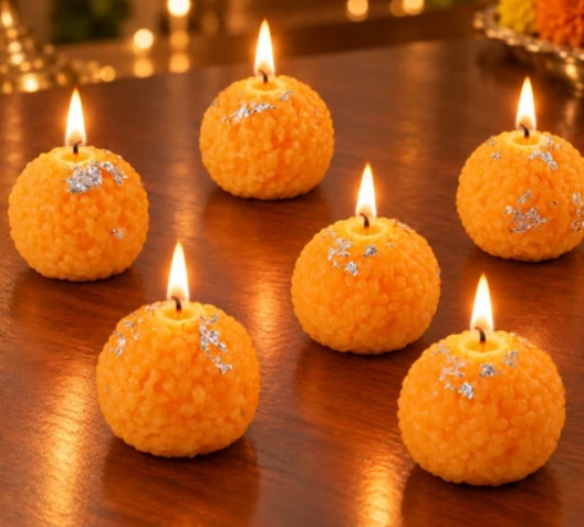 Laddu Design Wax Candles for Diwali Decor, Pooja & Festive Gifting (6 Pc)