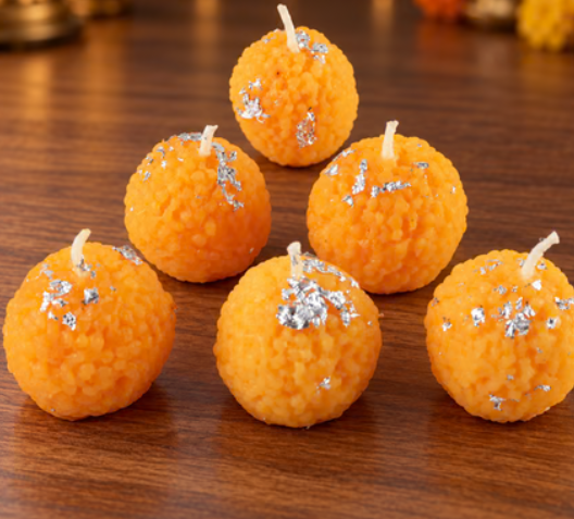 Laddu Design Wax Candles for Diwali Decor, Pooja & Festive Gifting (6 Pc)