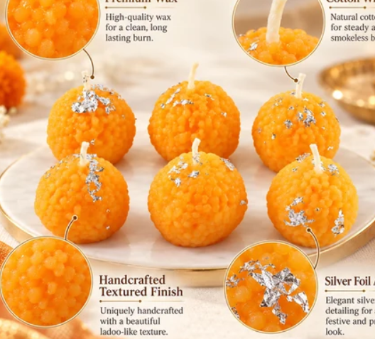Laddu Design Wax Candles for Diwali Decor, Pooja & Festive Gifting (6 Pc)