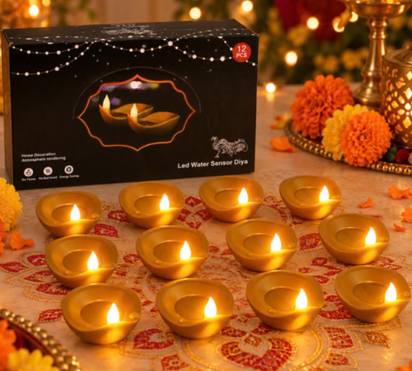 Flameless Water Sensor LED Diyas for Diwali and Pooja Home Decor (12 Pc Set)