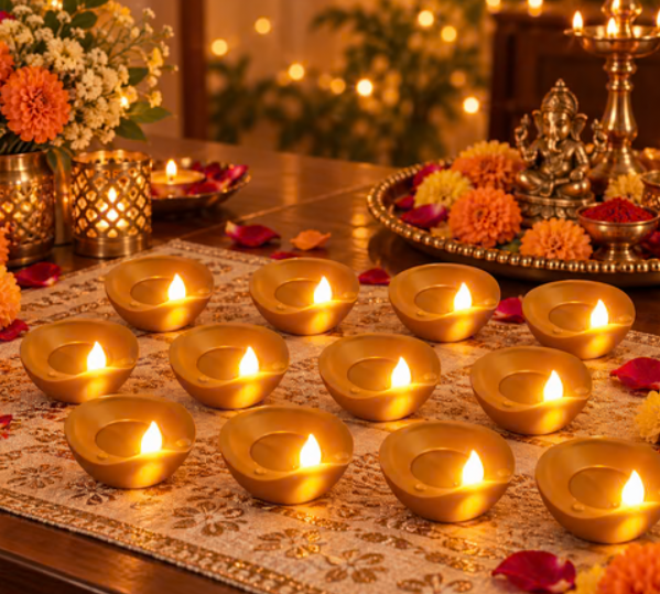 Flameless Water Sensor LED Diyas for Diwali and Pooja Home Decor (12 Pc Set)