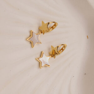 AGOR 925 Silver Gold Plated Twin Star Drop Earrings with White Enamel Charm