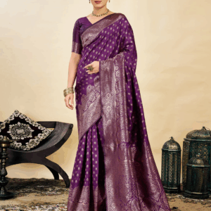 AXONIT Women's Silk Blend Banarasi Jacquard Classic Motif Design Saree with Unstitched Blouse Piece - Plum